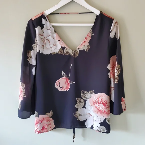 Dynamite S Soft Romantic Whimsigoth Fairy Grunge Floral Criss-Cross Back Blouse - Picture 4 of 11